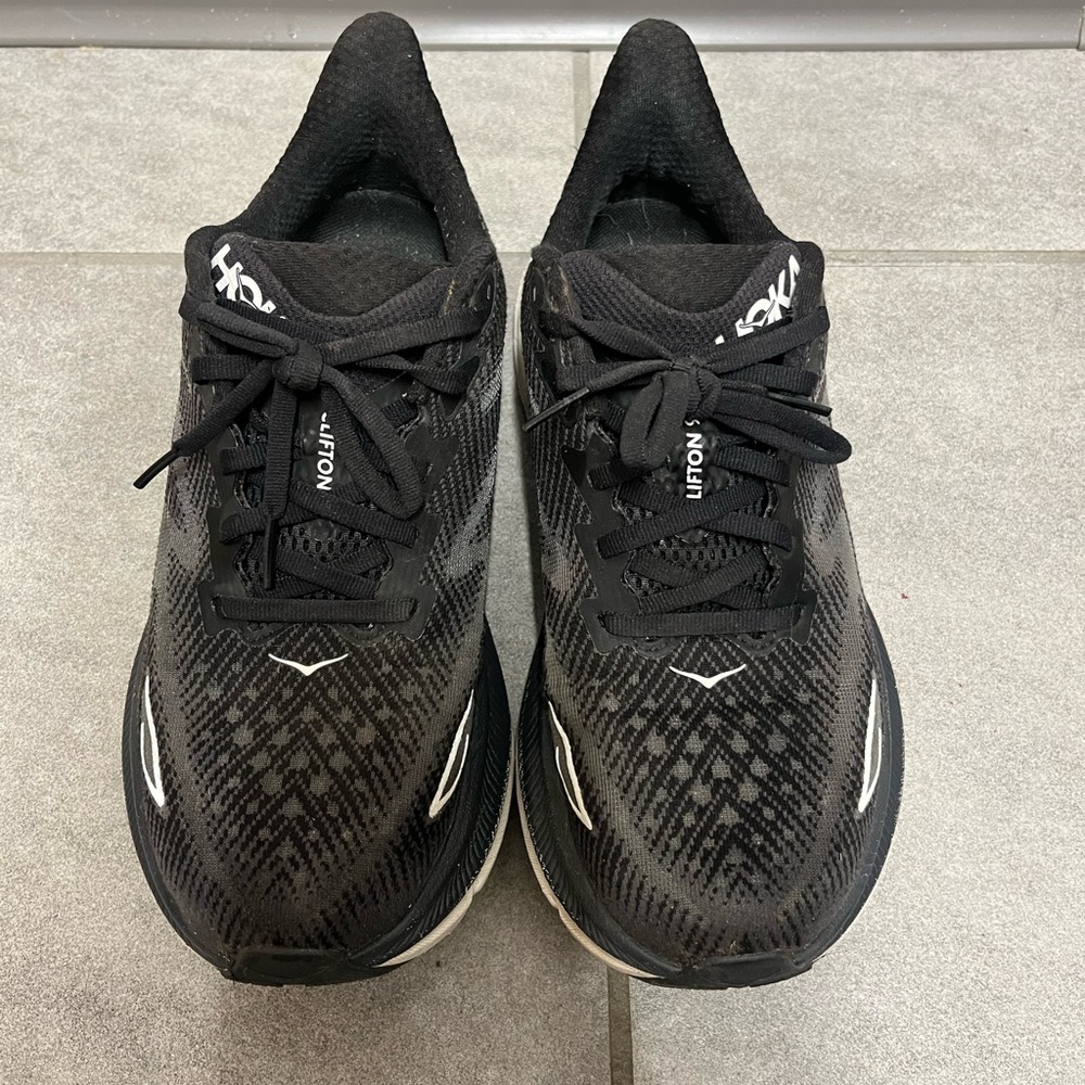 Hoka Clifton 9’s, Black with White Details, Size 8